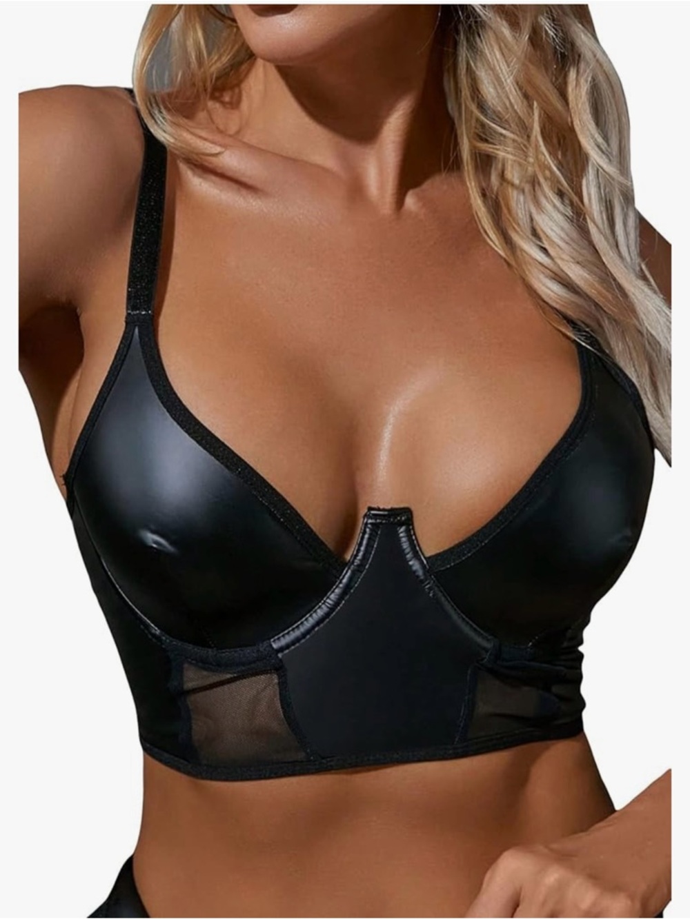 Black Longline Satin Bralette with Mesh Panels - New - XL